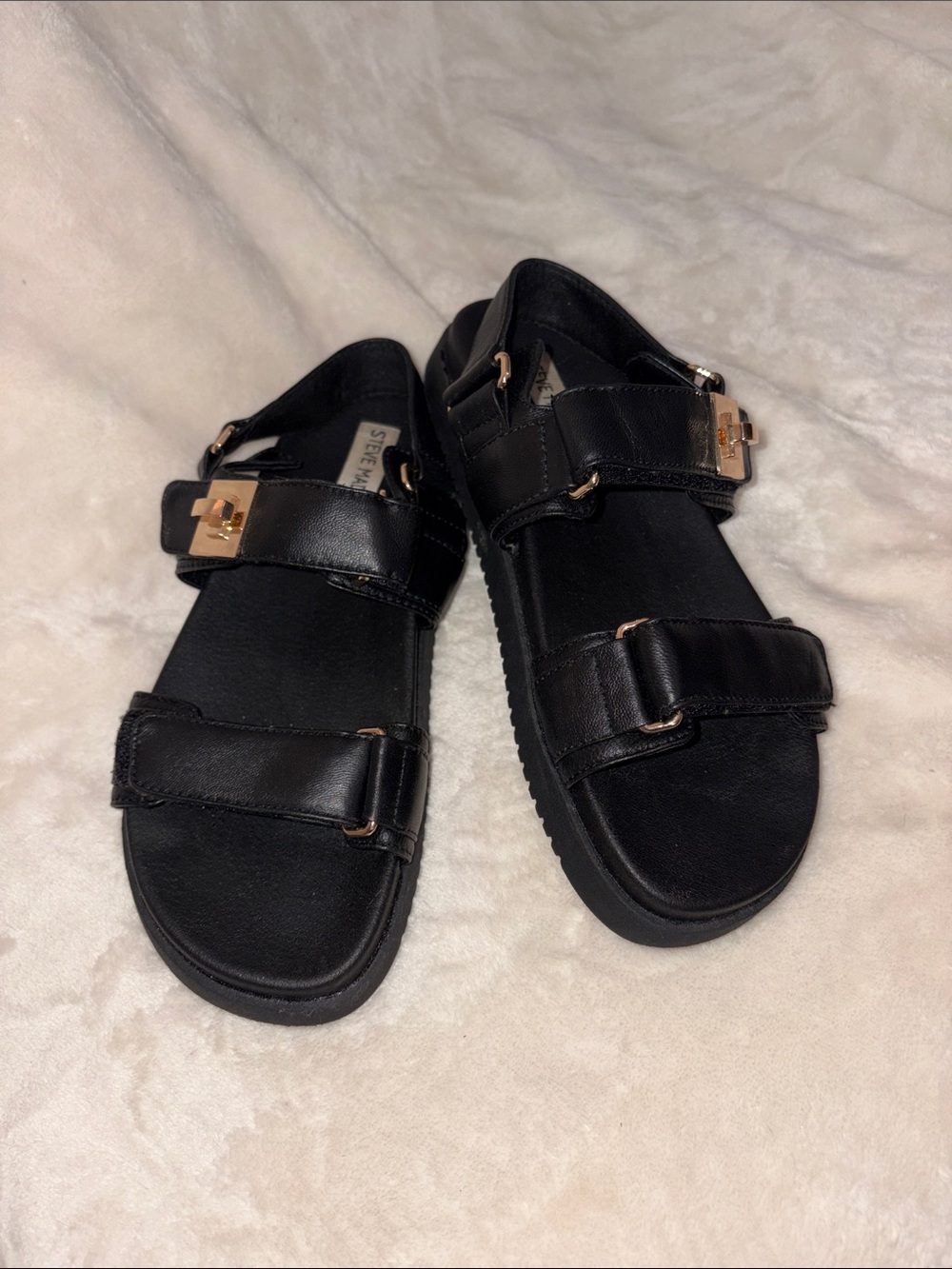 Steve Madden Black Leather Double-Strap Sandals with Gold Buckles